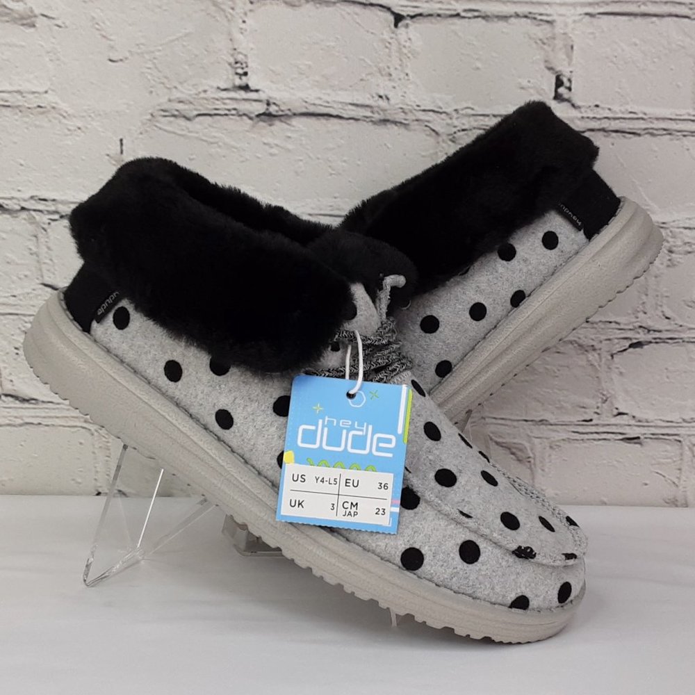 HEY DUDE 'BRITT' FUR LINING SNAP & FOLD CUFF TWO LOOKS IN ONE SHOE BL. POLKA-DOT